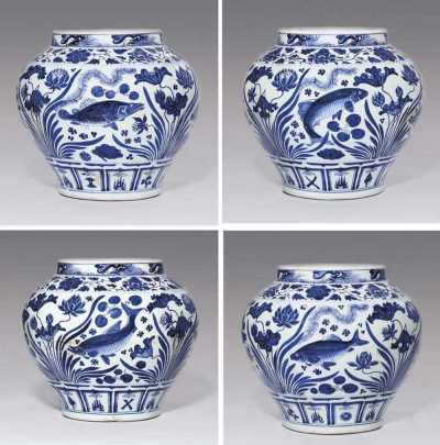 YUAN DYNASTY（AD 1279-1368） A MAGNIFICENT AND RARE YUAN BLUE AND WHITE’FISH’ JAR